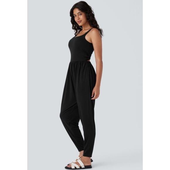 NWT Halara Size Large Pocket Harem Casual Jumpsuit-Easy Peezy Black Double Strap - Picture 2 of 13